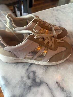 Jellypop Beige and Gold Stripe Women's Sneakers